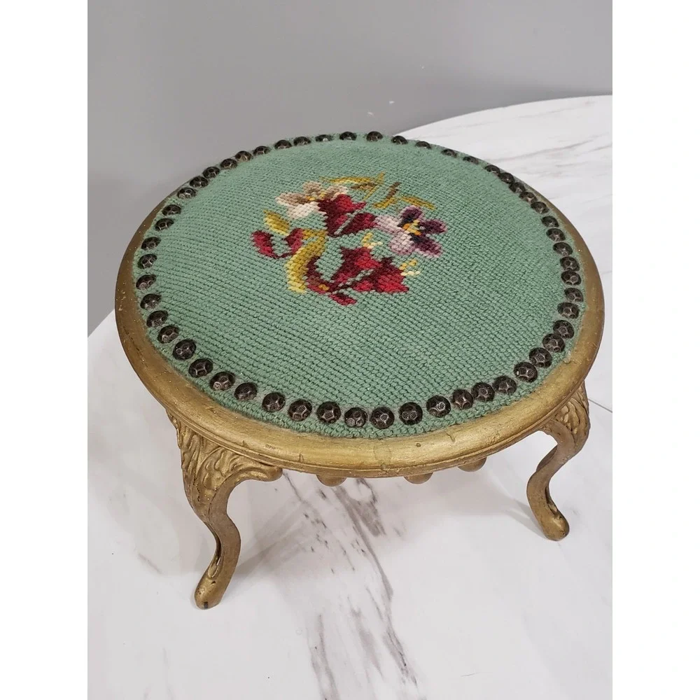 Antique Victorian Dainty Stick & Ball NEEDLEPOINT Floral Foot‎ Stool Tapestry